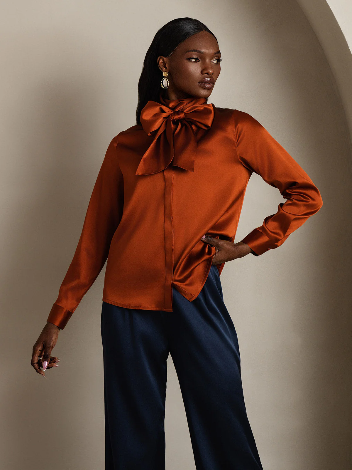 19Momme Silk Long Sleeve High Neck Bow Tie Blouse - Image 34