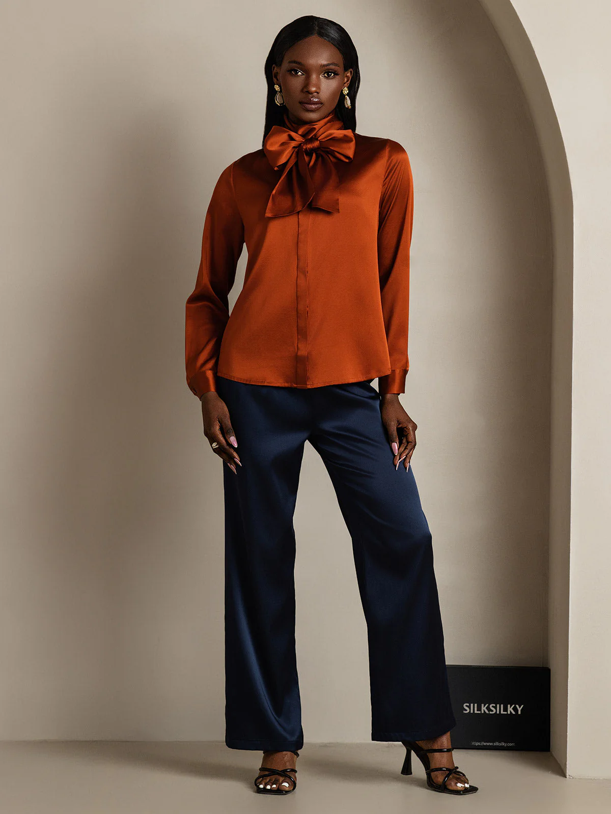 19Momme Silk Long Sleeve High Neck Bow Tie Blouse - Image 36