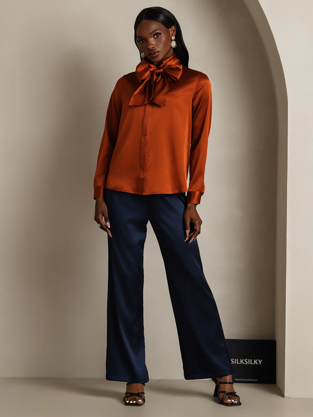 19Momme Silk Long Sleeve High Neck Bow Tie Blouse - Image 37
