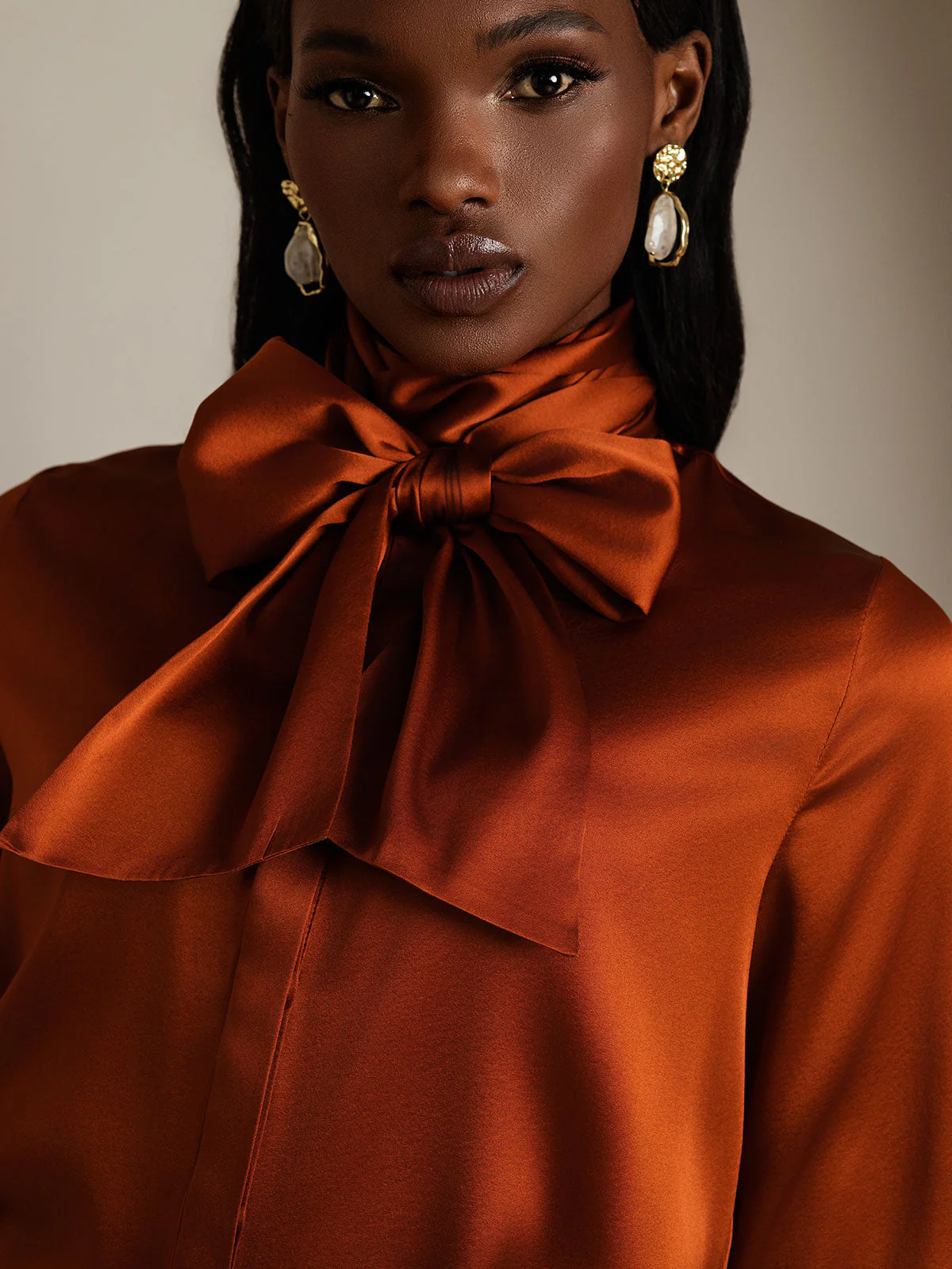 19Momme Silk Long Sleeve High Neck Bow Tie Blouse - Image 39