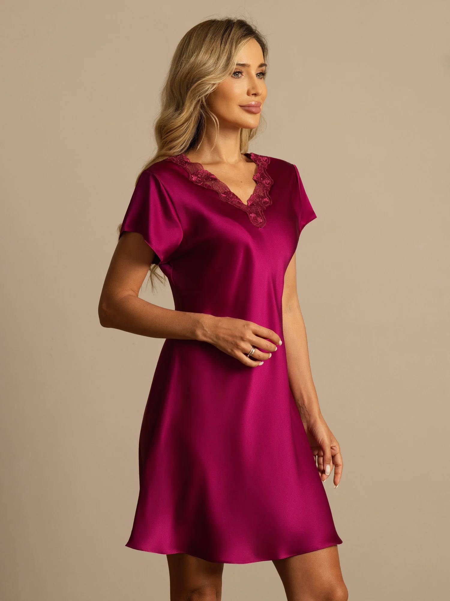 Pure Silk Short Sleeve V-neck Short Nightgown with Lace Split Design - Image 11
