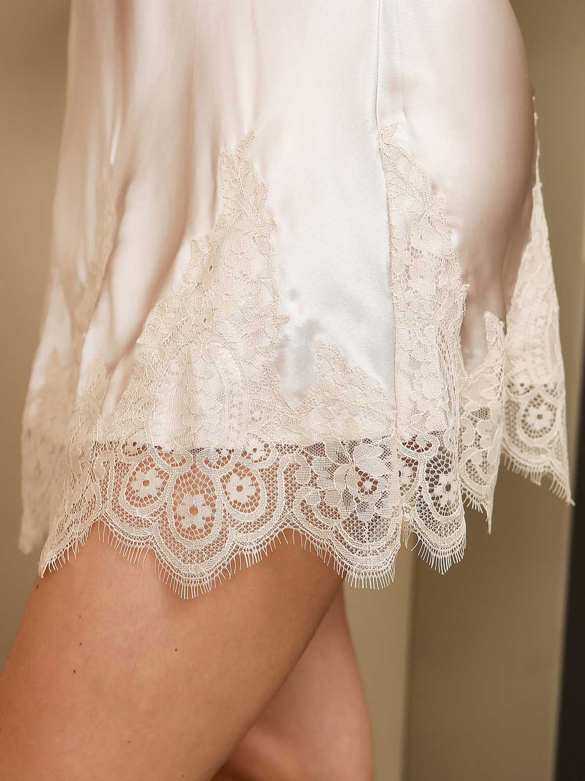 Pure Silk V Neck Short Nightgown&Robe Set with Lace Design - Image 48