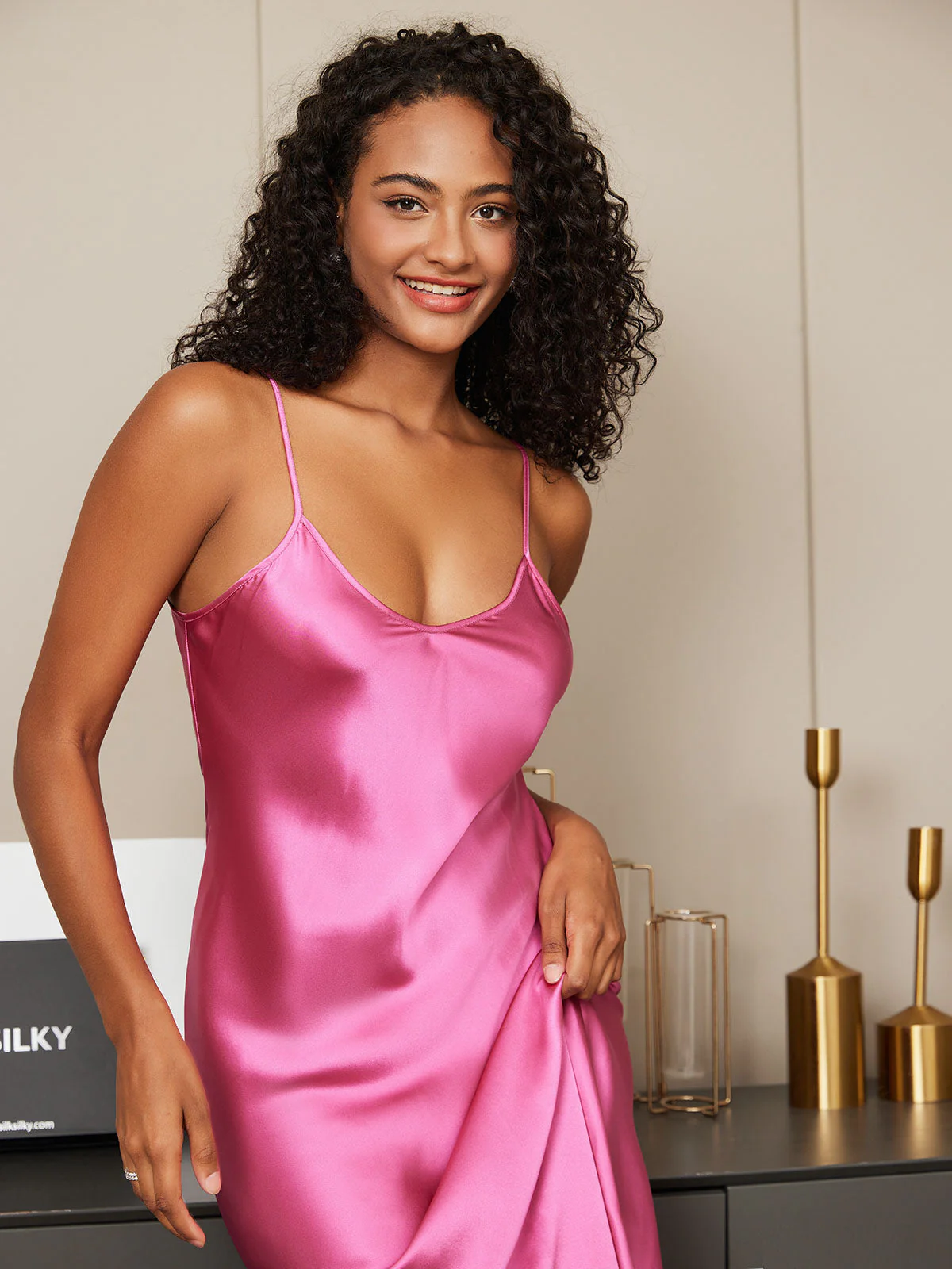 Pure Silk Spaghetti Strap V-neck Midi Nightgown - Image 75