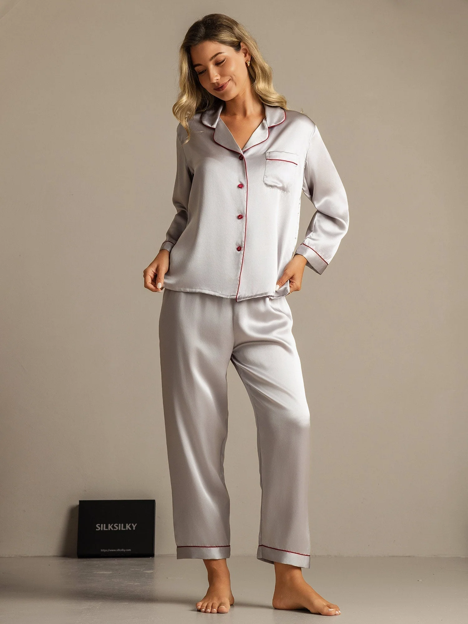 Women's Pure Silk Long Sleeve Notch Collar Pajamas Set - Image 87