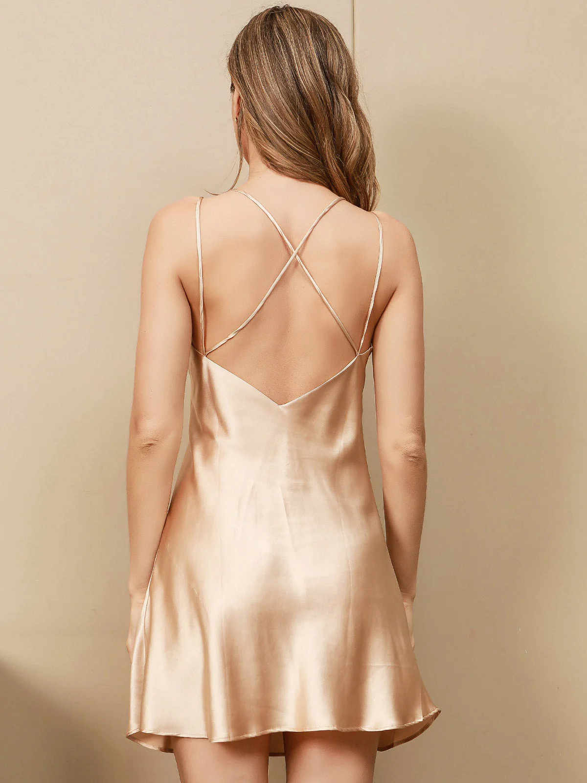 Pure Silk Spaghetti Strap V-neck Short Nightgown with Criss Cross Back Design - Image 29