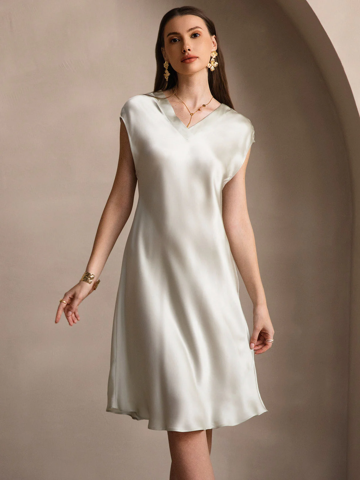 Pure Silk Cap Sleeve V-neck Nightgown - Image 46