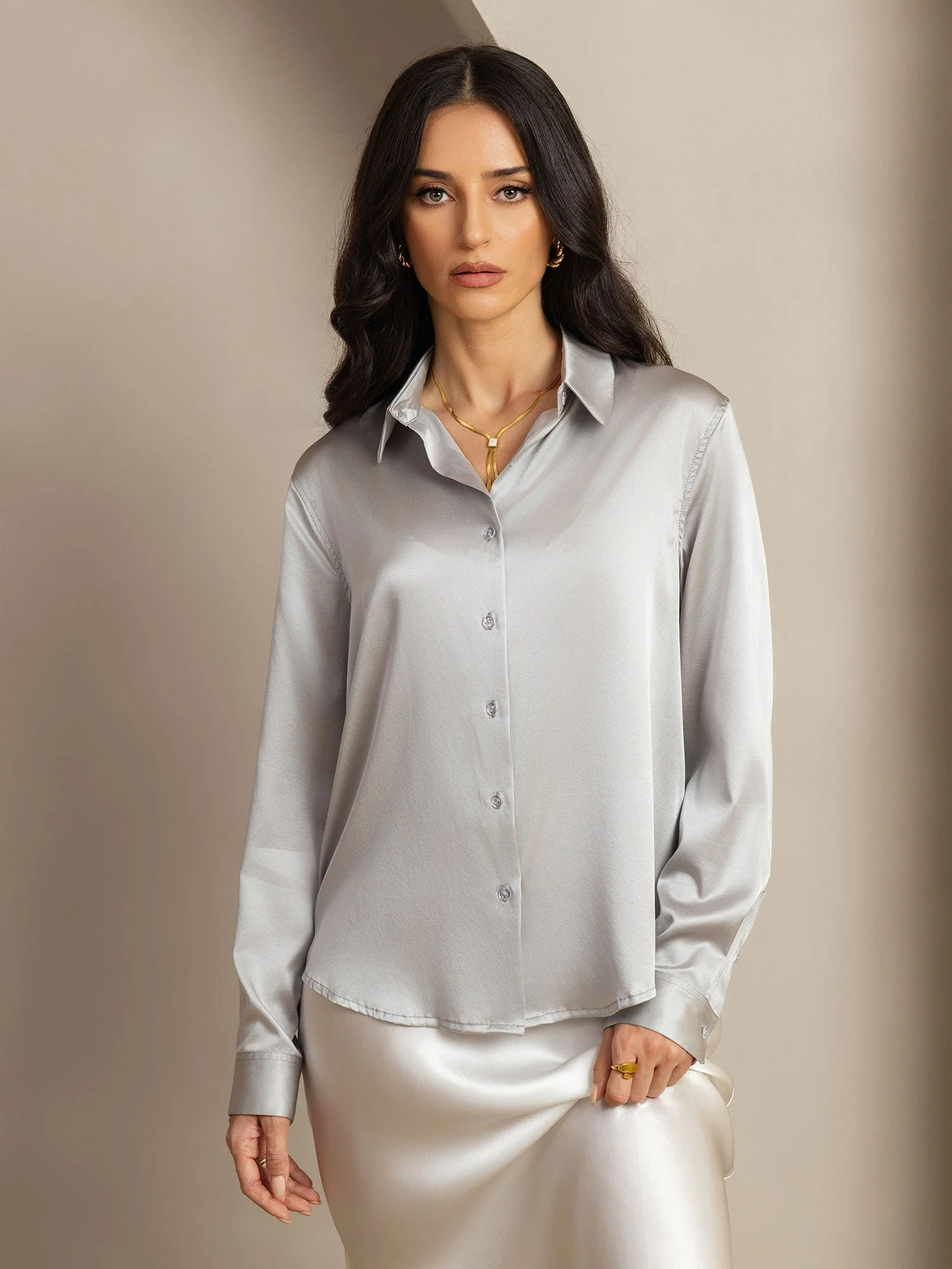 19Momme Silk Long Sleeve Lapel Collar Women's Shirt with Button Up Design - Image 121