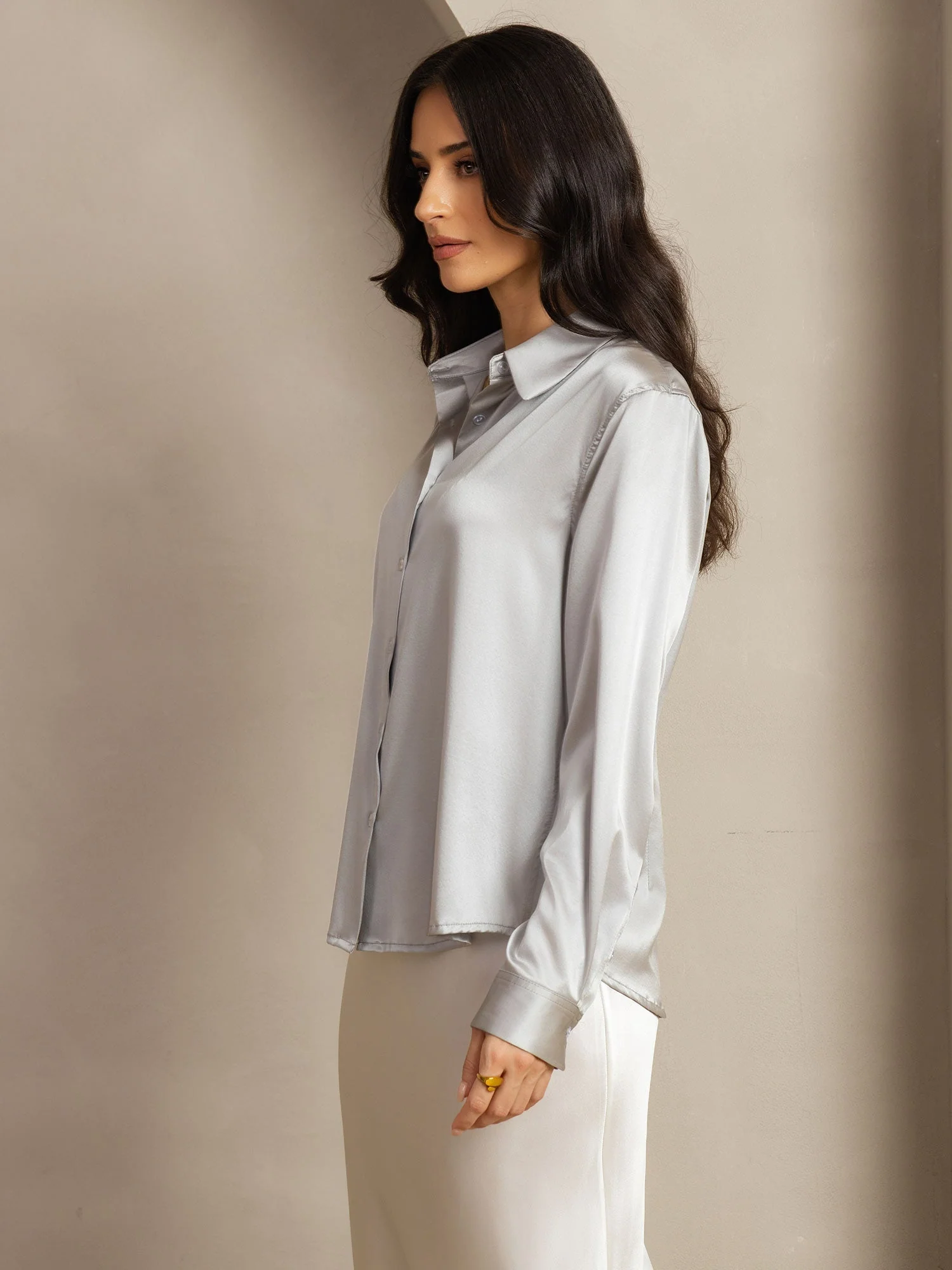 19Momme Silk Long Sleeve Lapel Collar Women's Shirt with Button Up Design - Image 122