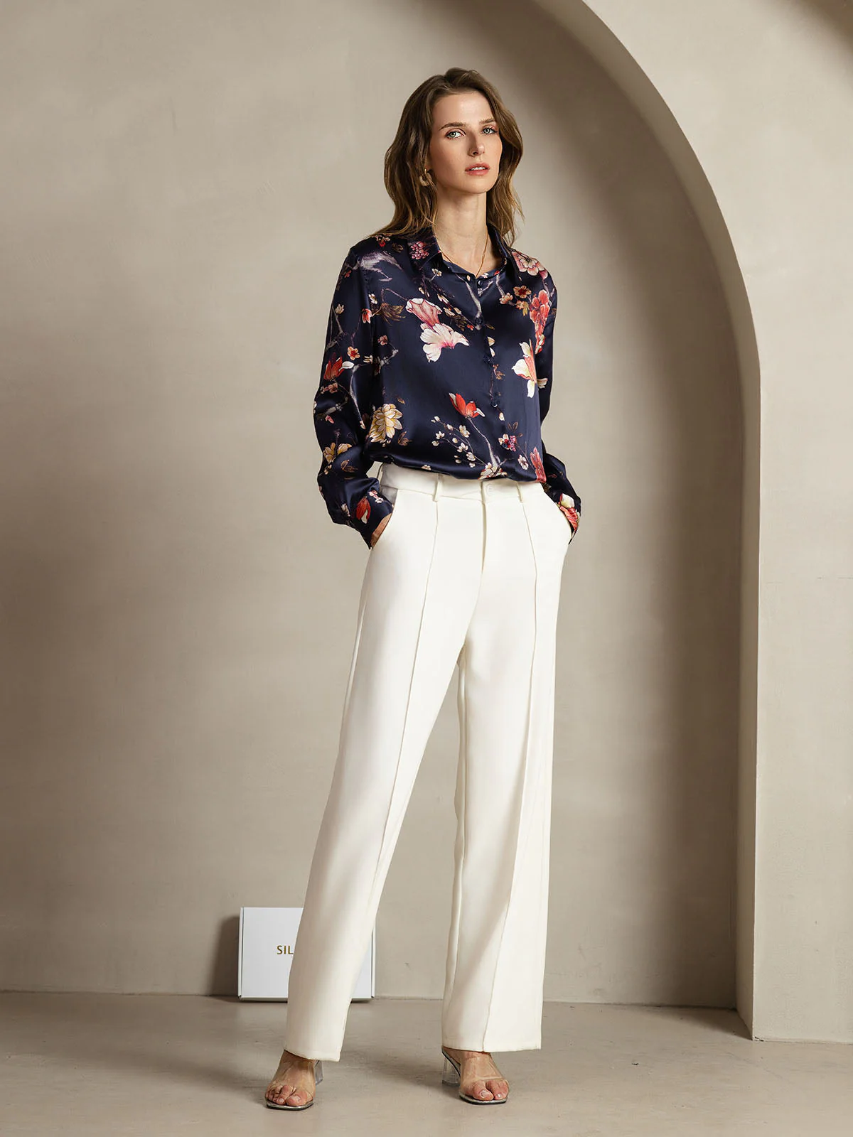 19Momme Silk Long Sleeve Lapel Collar Women's Shirt with Button Up Design - Image 132