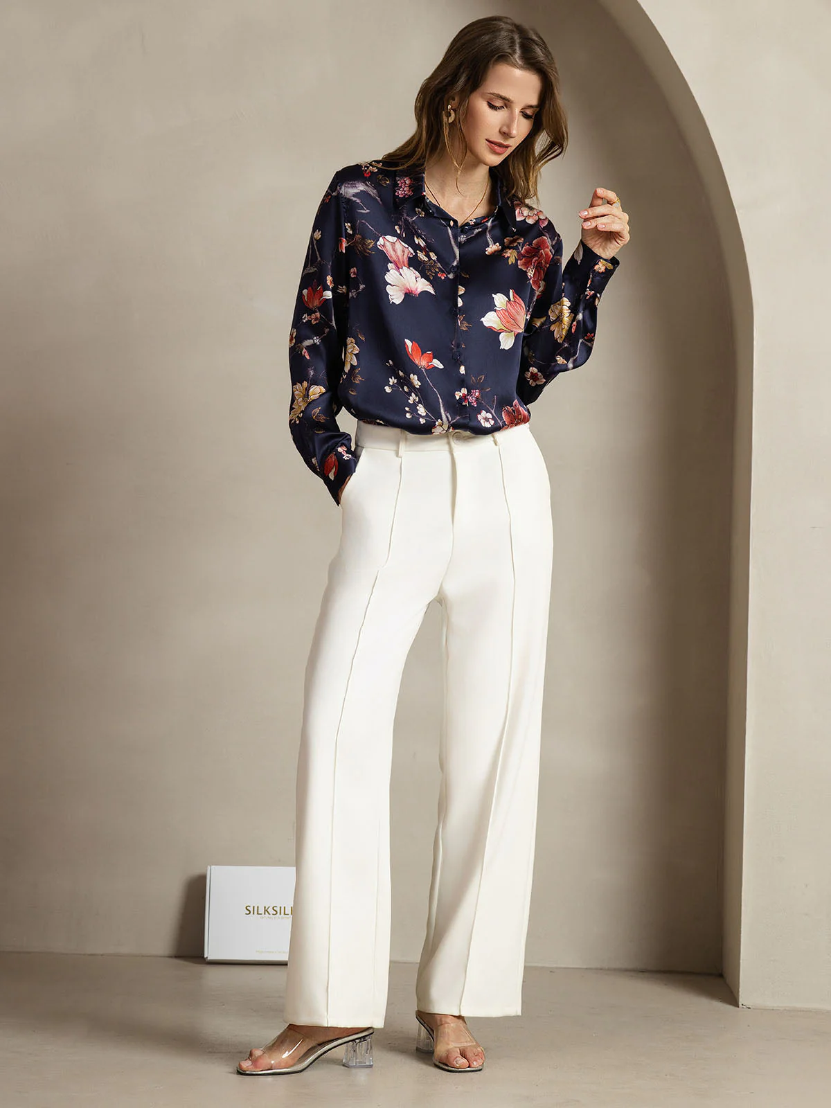 19Momme Silk Long Sleeve Lapel Collar Women's Shirt with Button Up Design - Image 134