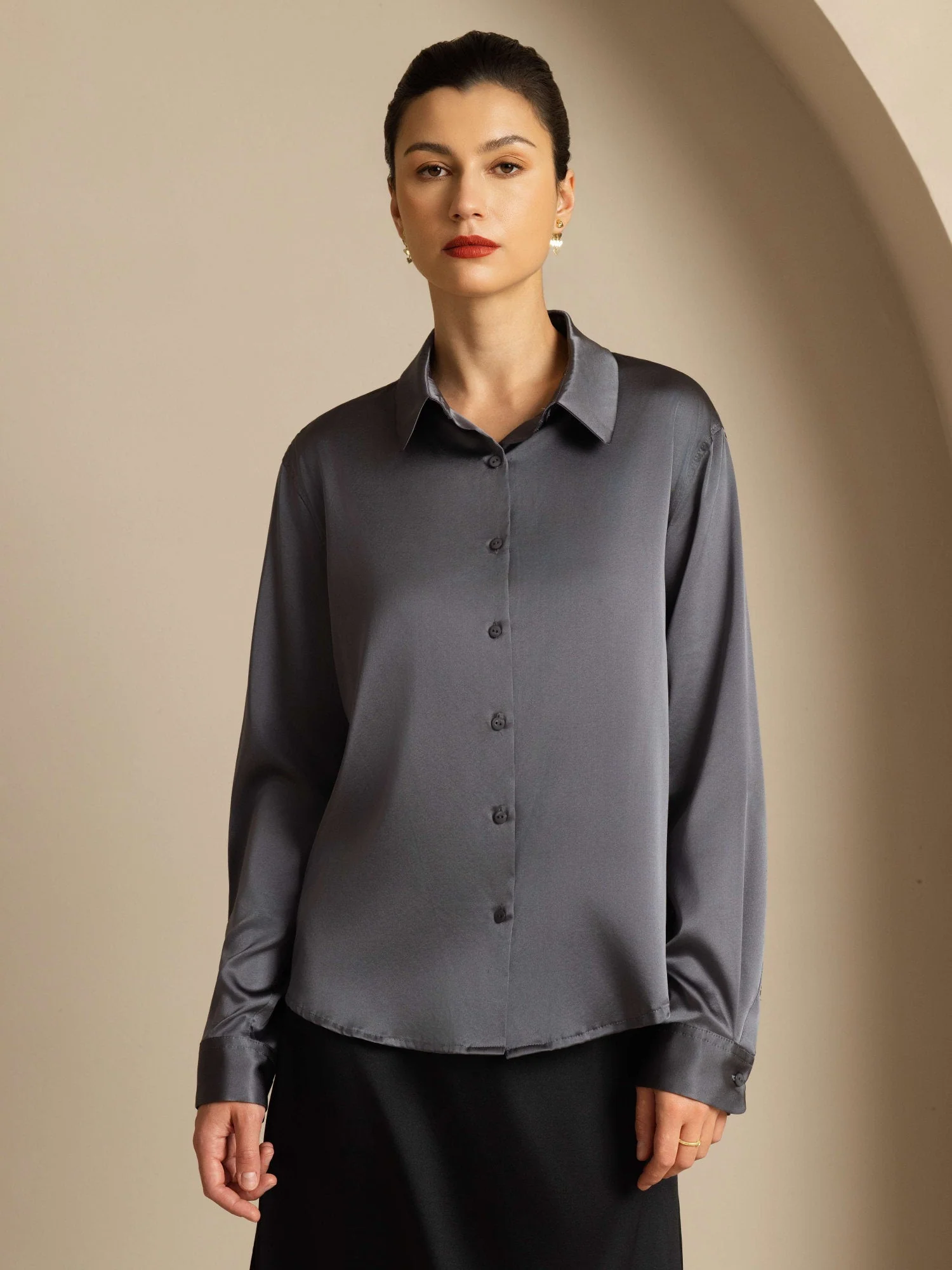 19Momme Silk Long Sleeve Lapel Collar Women's Shirt with Button Up Design - Image 137