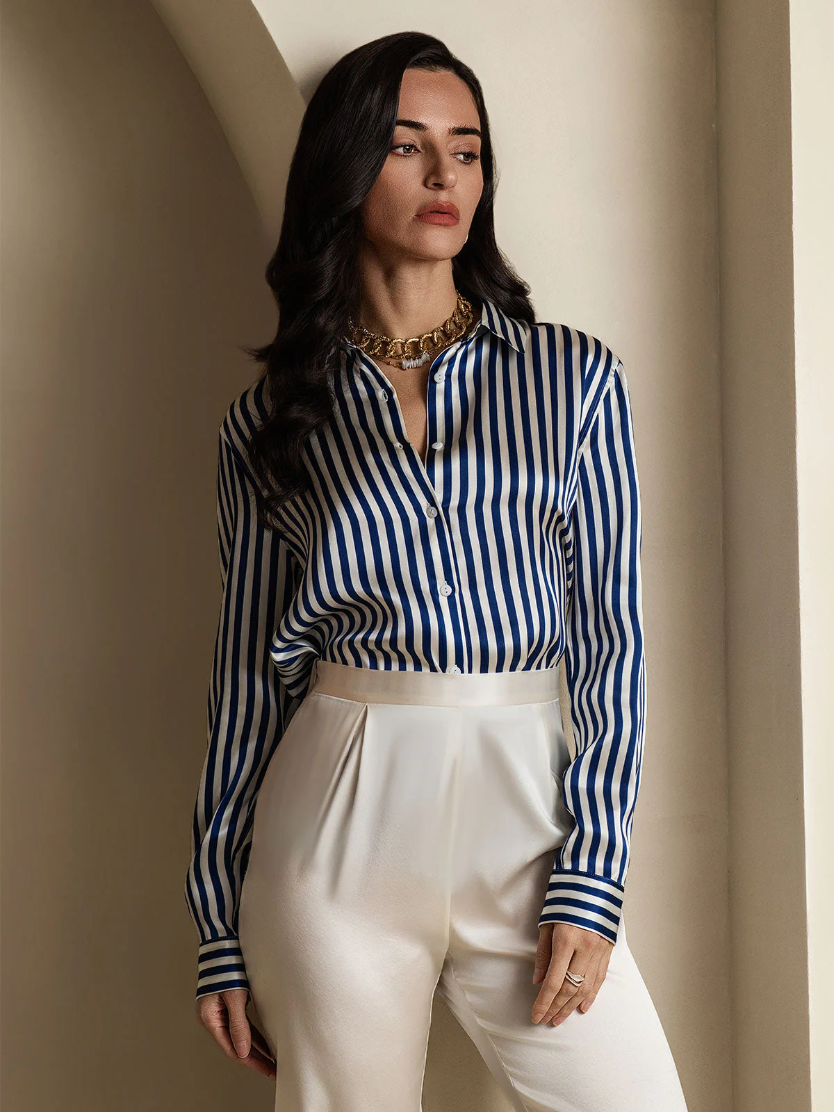 19Momme Silk Long Sleeve Lapel Collar Women's Shirt with Button Up Design - Image 24