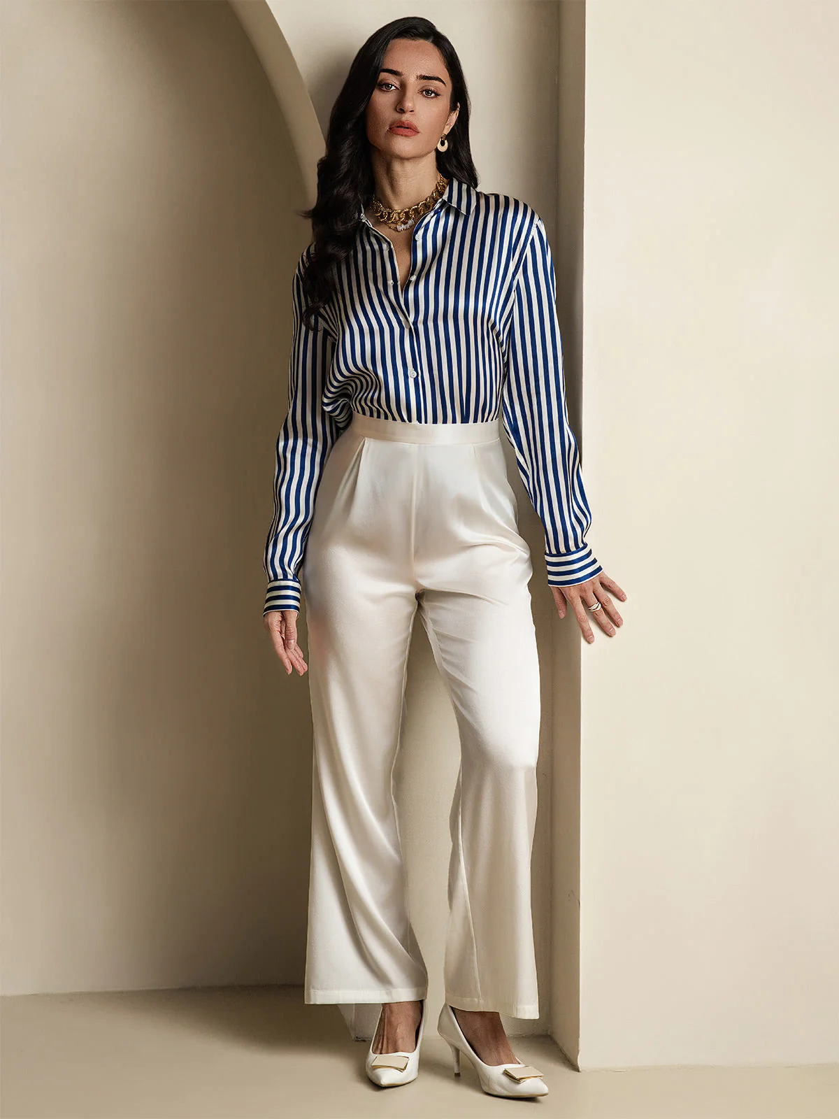 19Momme Silk Long Sleeve Lapel Collar Women's Shirt with Button Up Design - Image 25