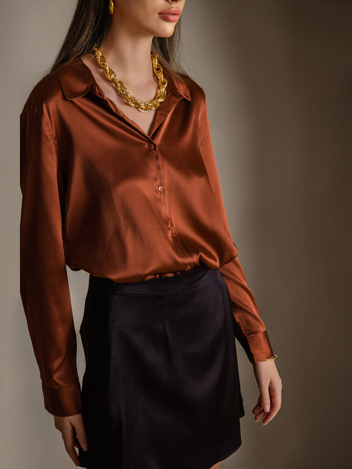 19Momme Silk Long Sleeve Lapel Collar Women's Shirt with Button Up Design - Image 57