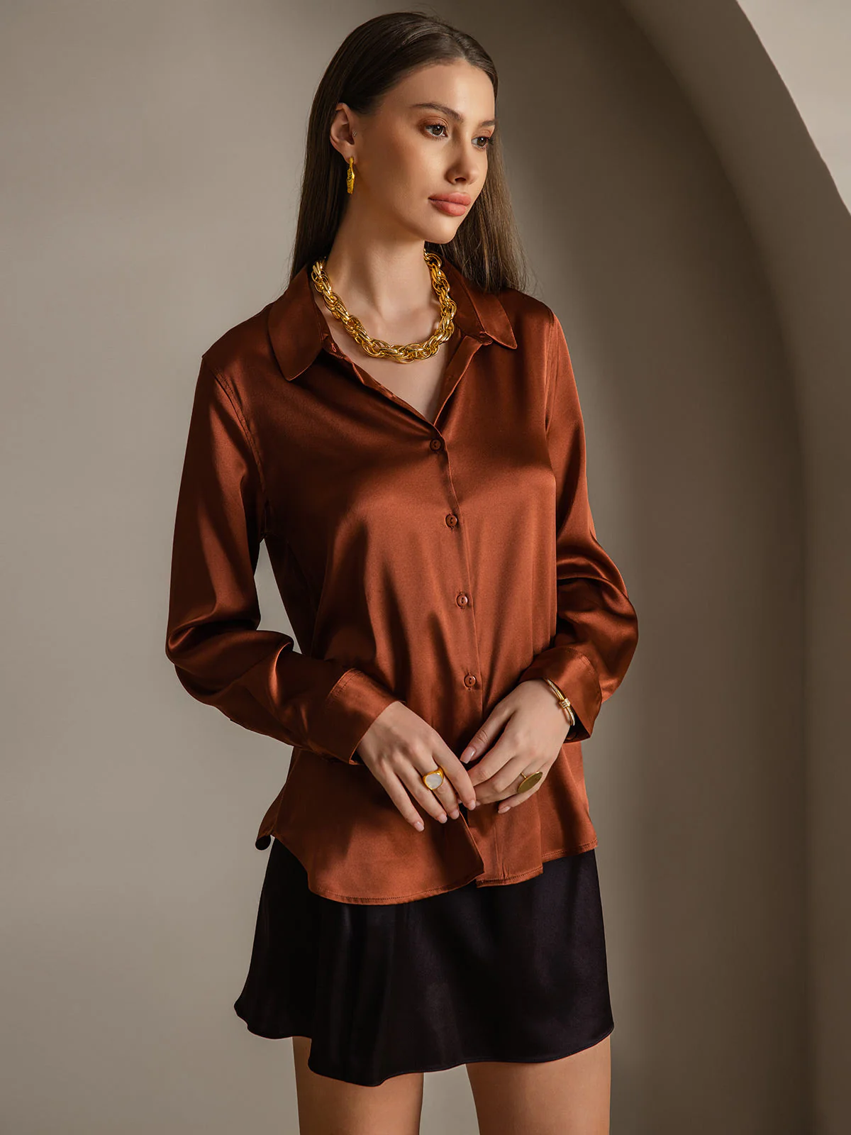19Momme Silk Long Sleeve Lapel Collar Women's Shirt with Button Up Design - Image 59