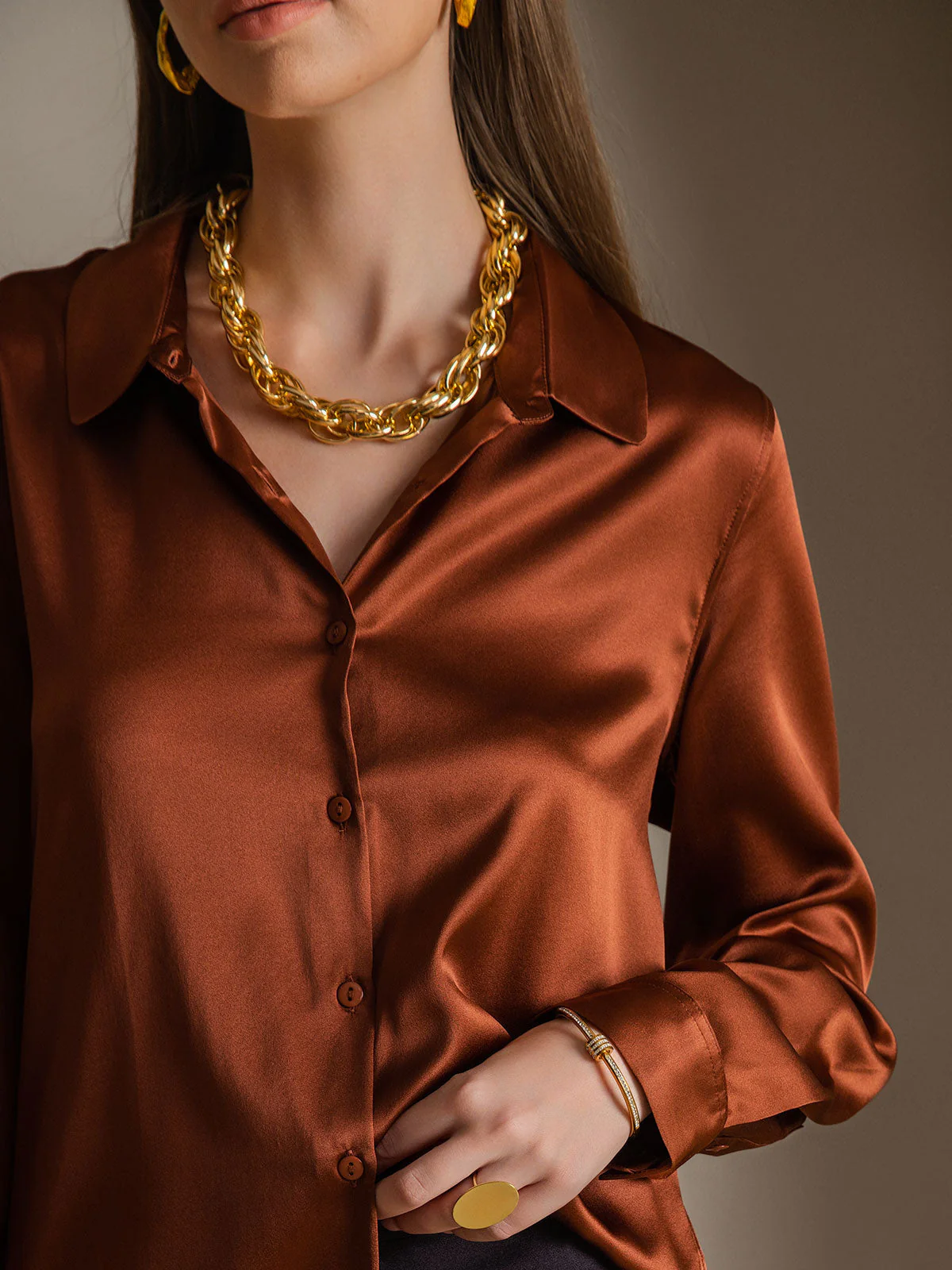 19Momme Silk Long Sleeve Lapel Collar Women's Shirt with Button Up Design - Image 62
