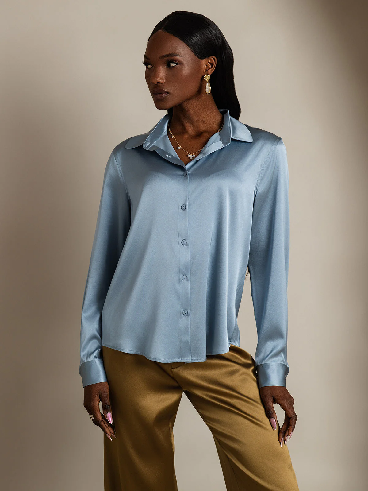19Momme Silk Long Sleeve Lapel Collar Women's Shirt with Button Up Design - Image 63