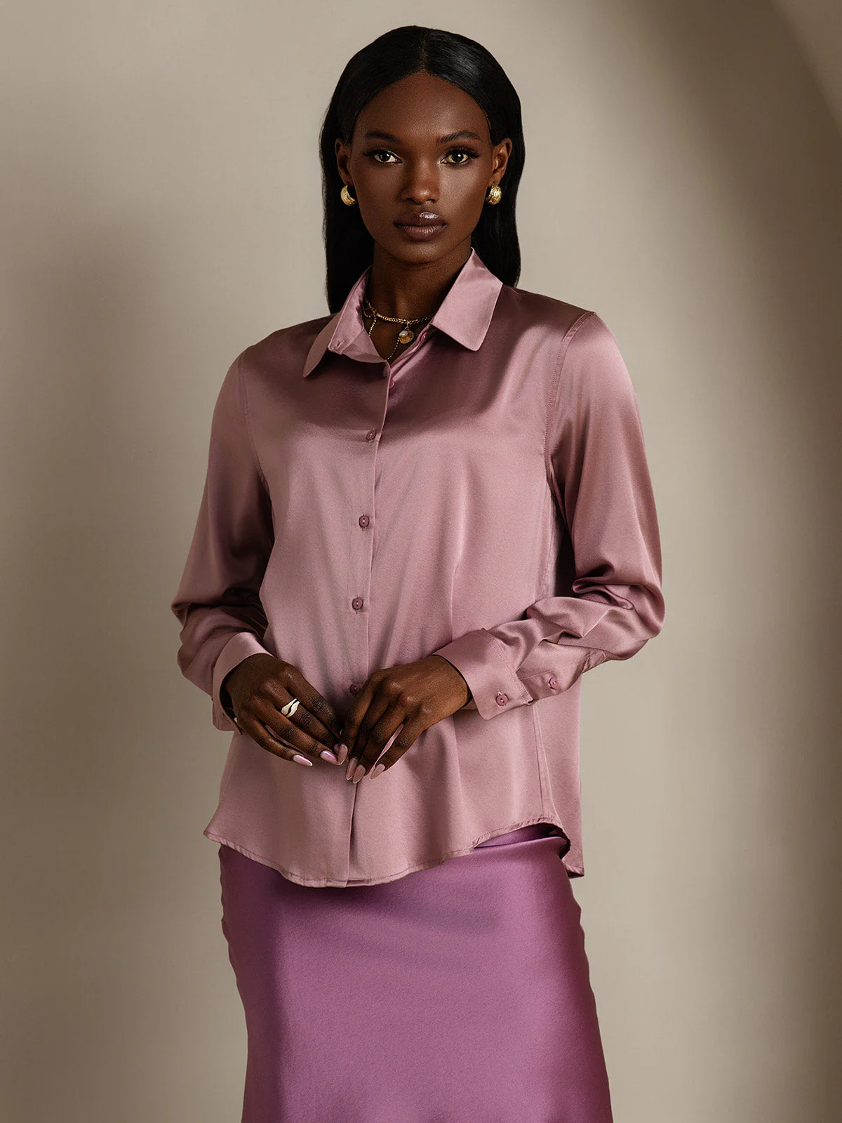 19Momme Silk Long Sleeve Lapel Collar Women's Shirt with Button Up Design - Image 82