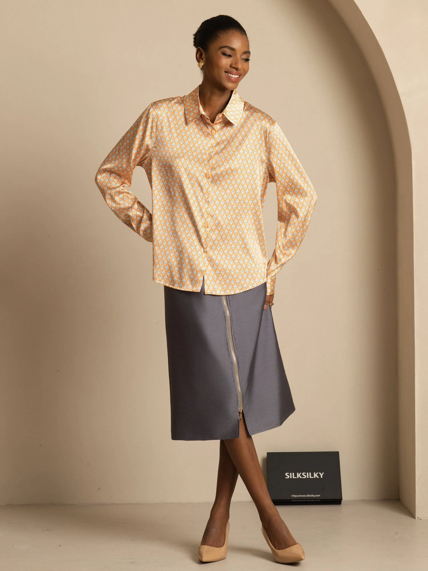 19Momme Silk Long Sleeve Lapel Collar Women's Shirt with Button Up Design - Image 99