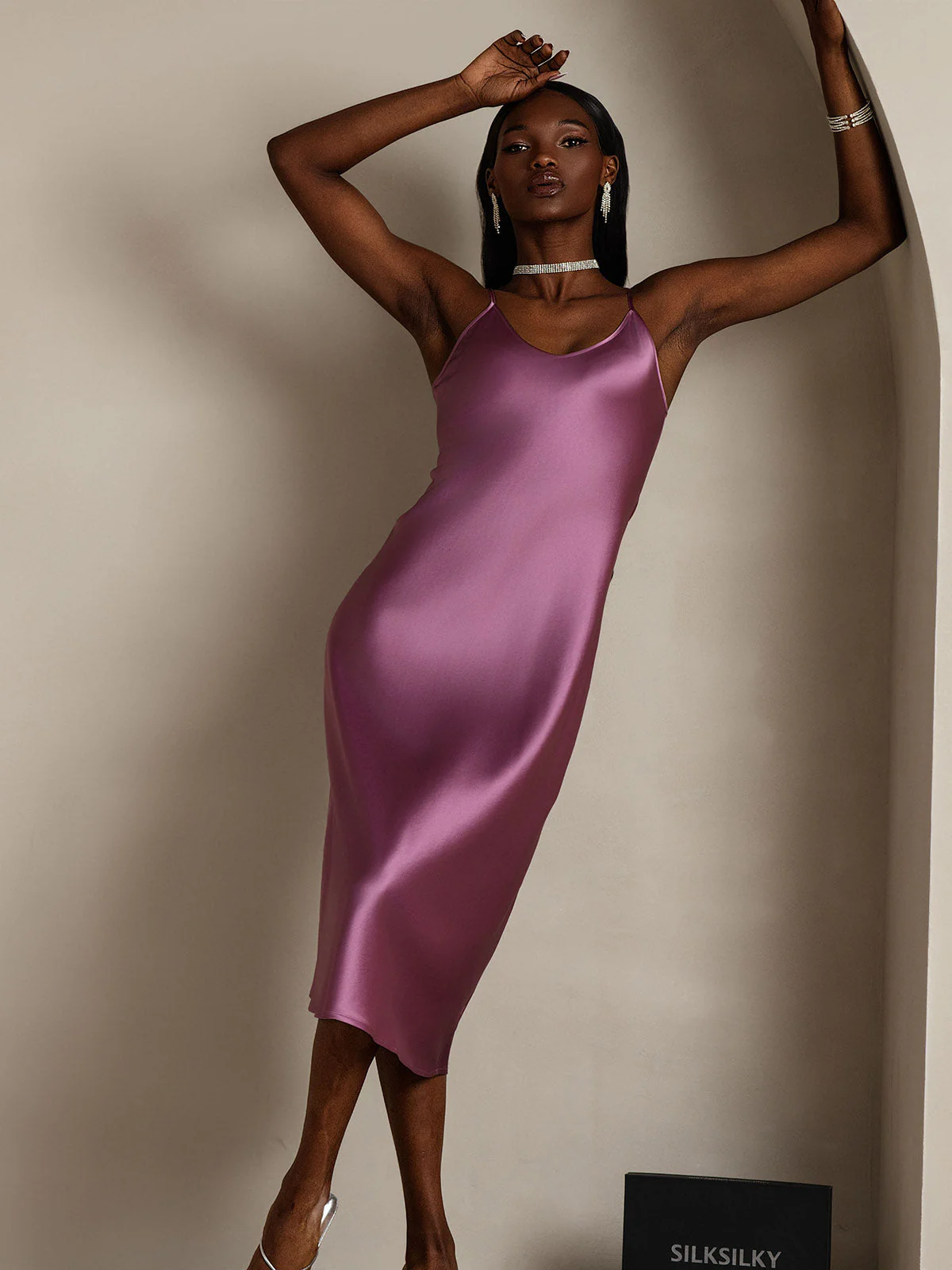 Women's Pure Silk Spaghetti Strap V-neck Midi Nightgown - Image 53