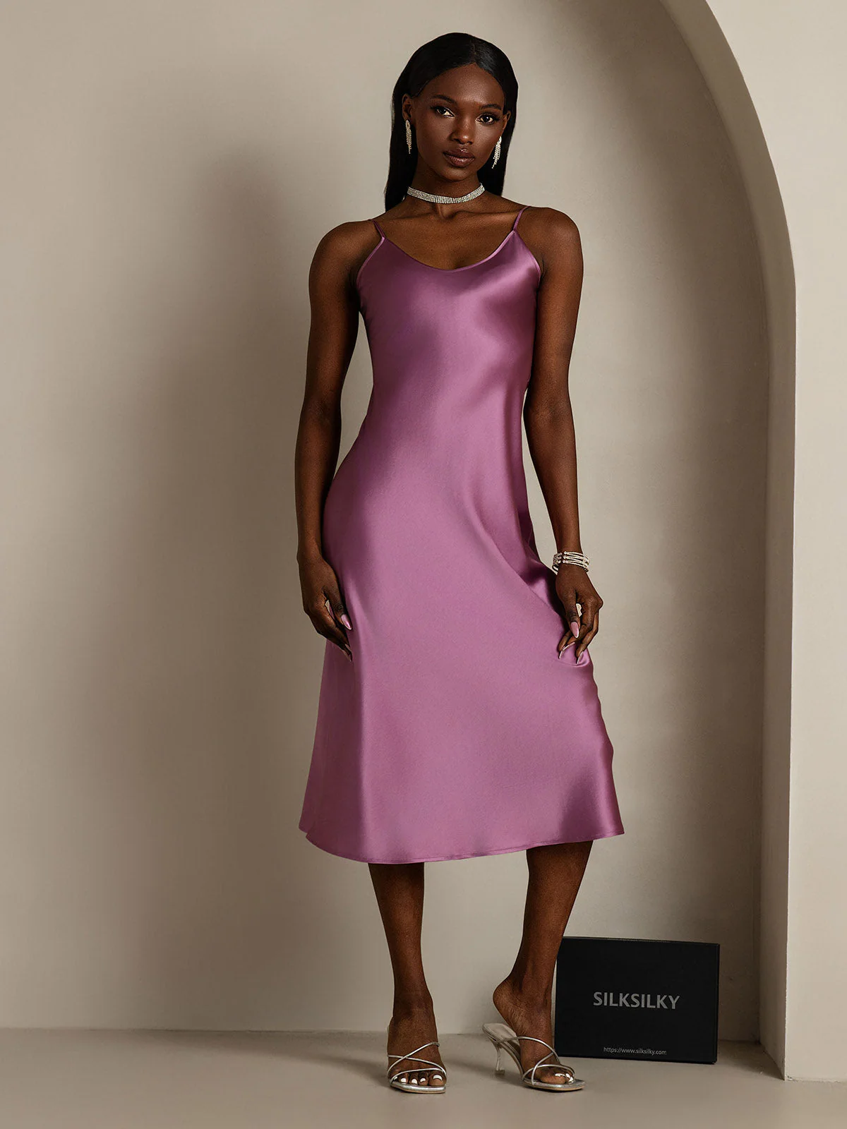 Women's Pure Silk Spaghetti Strap V-neck Midi Nightgown - Image 56