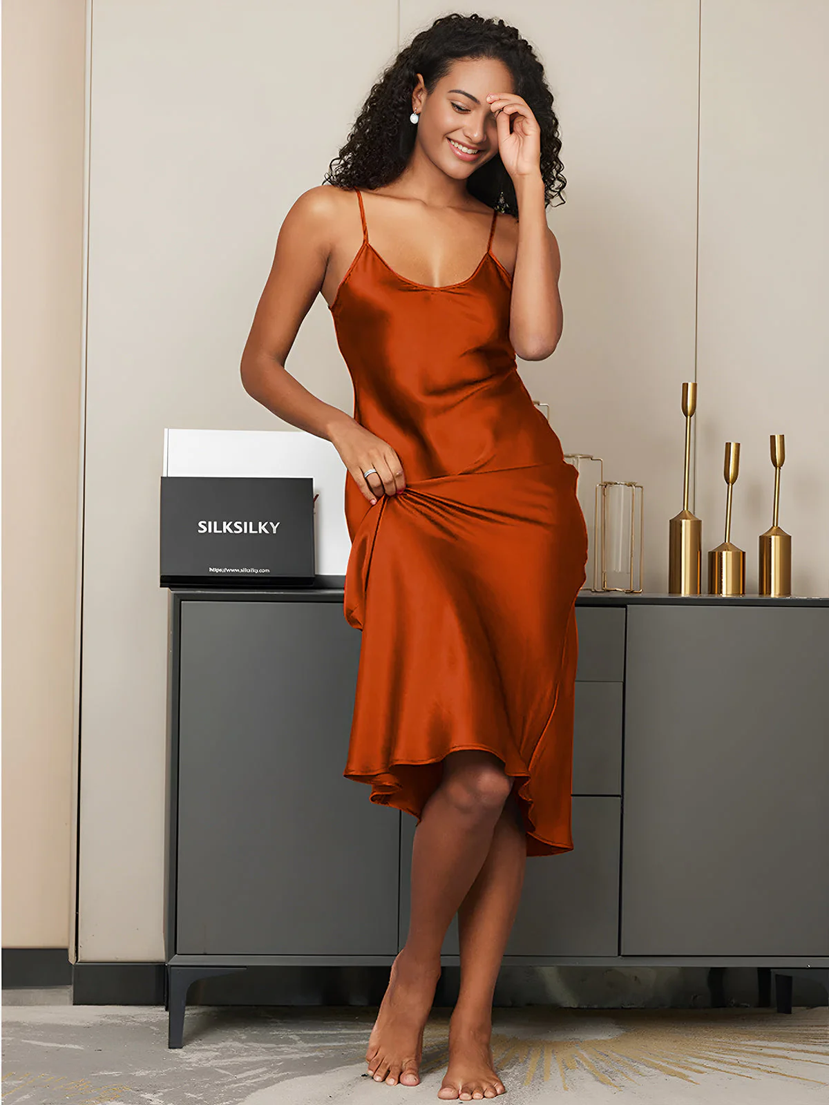 Women's Pure Silk Spaghetti Strap V-neck Midi Nightgown - Image 81