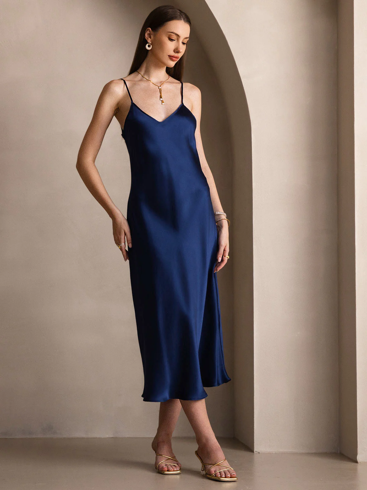 Pure Silk Spaghetti Strap Midi Dress - Image 37