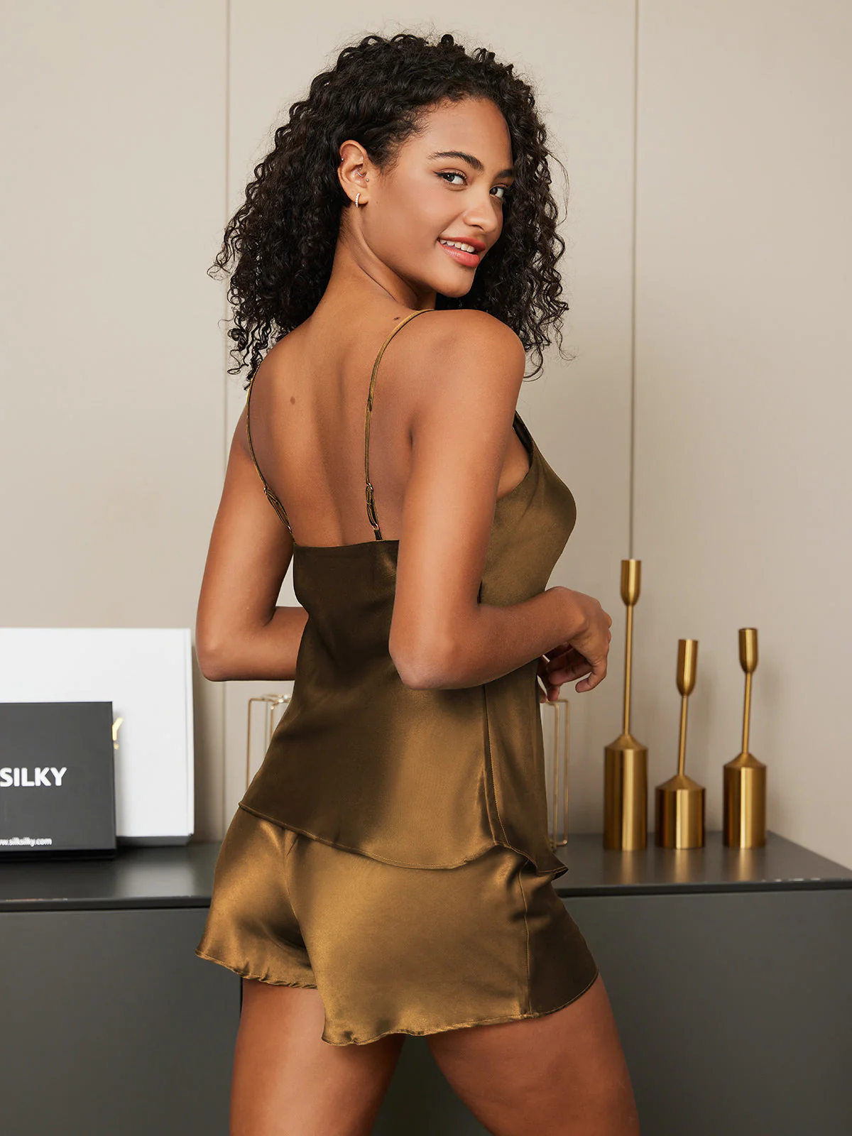 Pure Silk Spaghetti Strap V Neck Above the Knee Camisole Set - Image 109