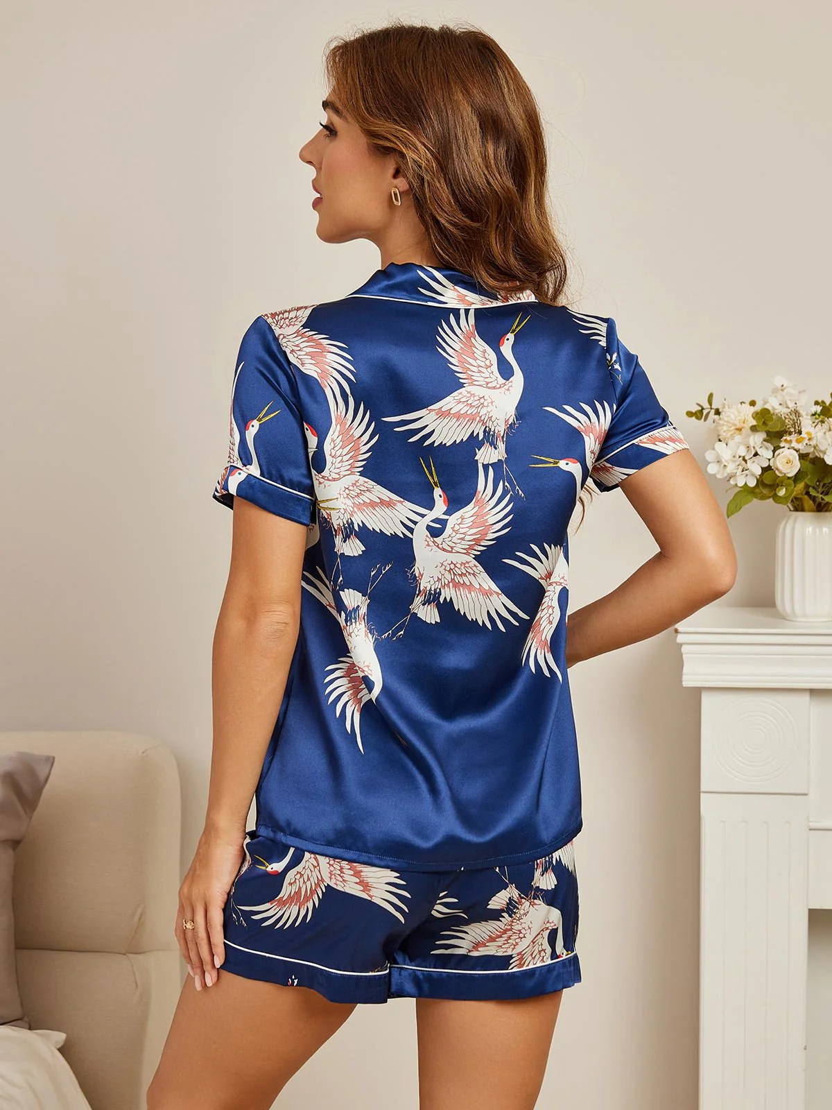 19Momme Women's Pure Silk Crane Print Short Sleeve Notch Collar Pajamas Set - Image 15