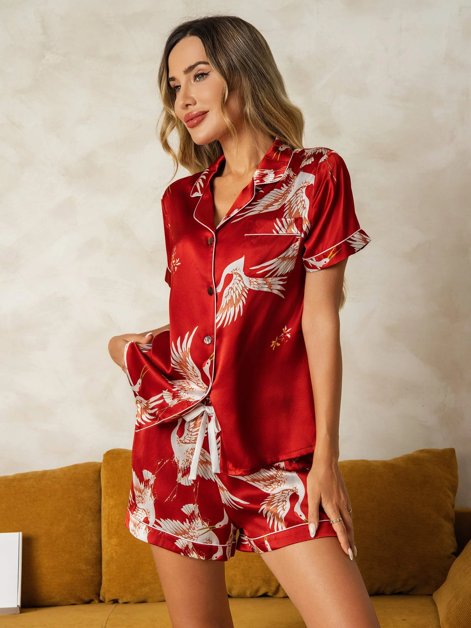 19Momme Women's Pure Silk Crane Print Short Sleeve Notch Collar Pajamas Set - Image 21