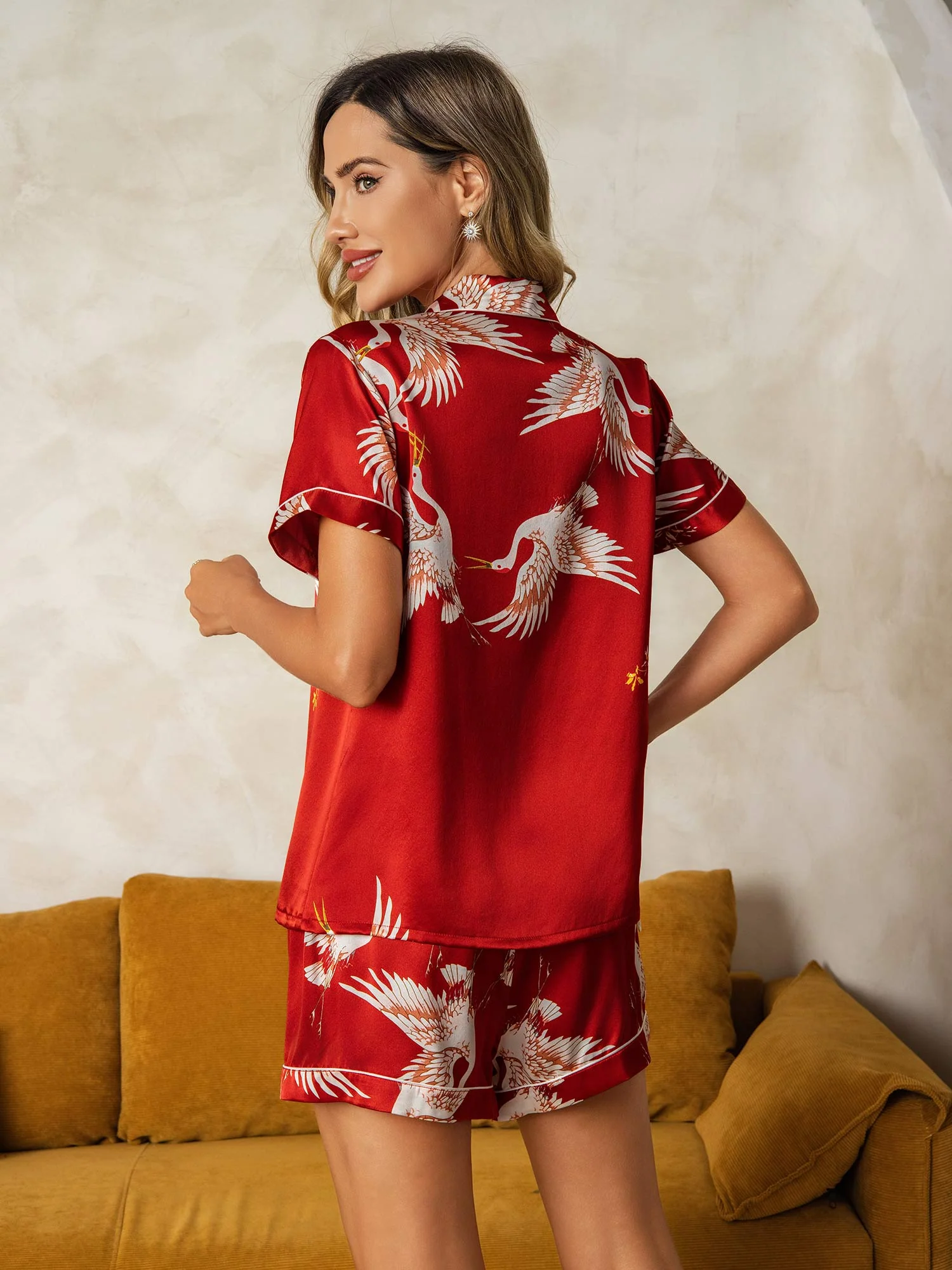19Momme Women's Pure Silk Crane Print Short Sleeve Notch Collar Pajamas Set - Image 22