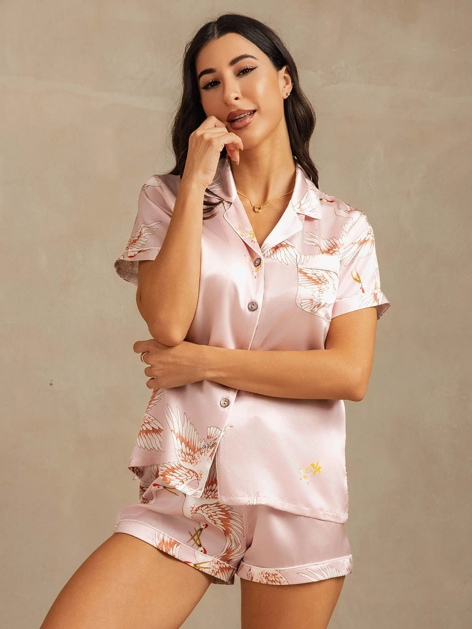 19Momme Women's Pure Silk Crane Print Short Sleeve Notch Collar Pajamas Set - Image 3