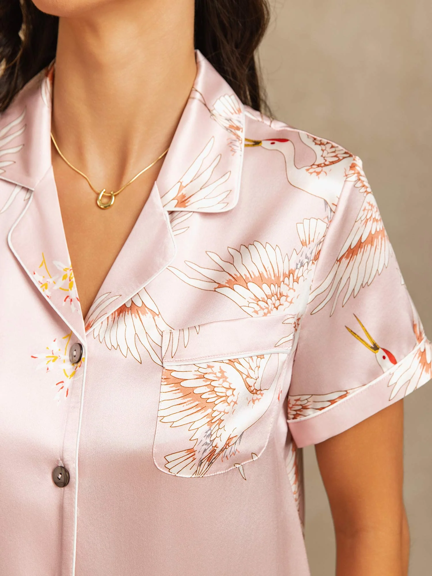 19Momme Women's Pure Silk Crane Print Short Sleeve Notch Collar Pajamas Set - Image 4