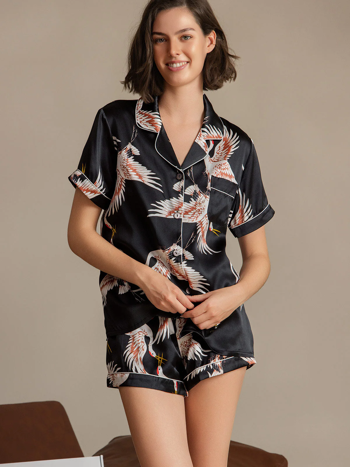 19Momme Women's Pure Silk Crane Print Short Sleeve Notch Collar Pajamas Set - Image 9